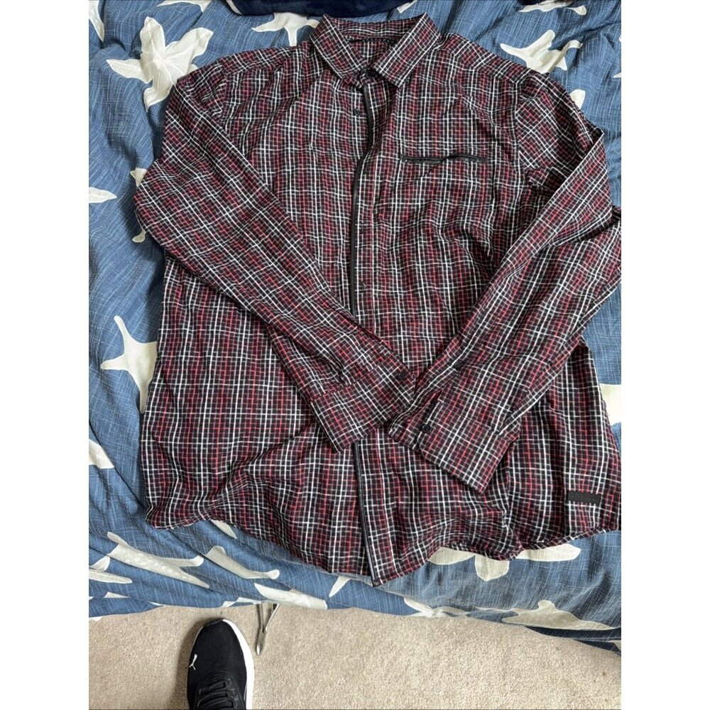 Sean Jean Short Sleeve Button Up Shirt Men's 2XL Cotton Blend Red Black Plaid